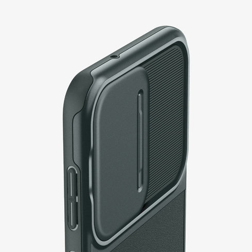 ACS05639 - Galaxy S23 Ultra Case Optik Armor in black showing the back with lens protector slot open